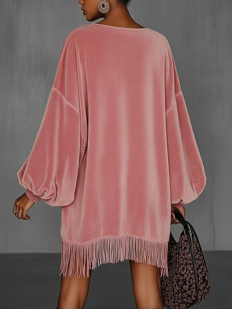 New Loose Pocket Frill Long Sleeve Dress