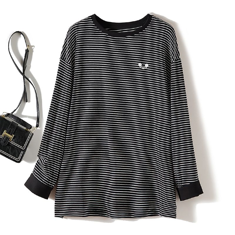 

Tip Quality ~ Hong Kong Single Lazy Style Women s Long Sleeve round Neck Embroidered Stripes Embroidered T-shirt Spring & Fall Winter Coat Welfare Black L
