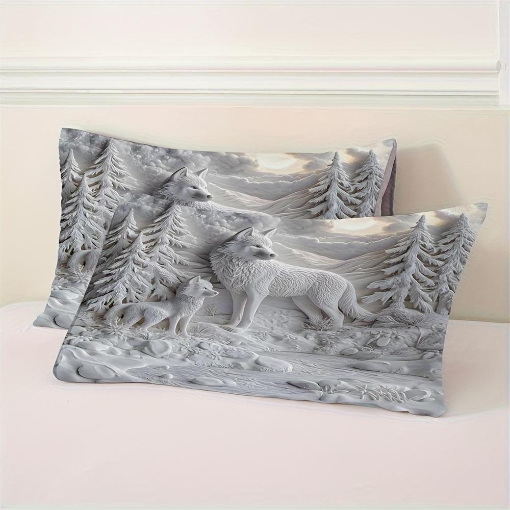2/3pcs 3D White Wolf Animal Print Duvet Cover Set (1 Duvet Cover + 1/2 Pillowcase, Without Core), Wolf Forest Nature Theme