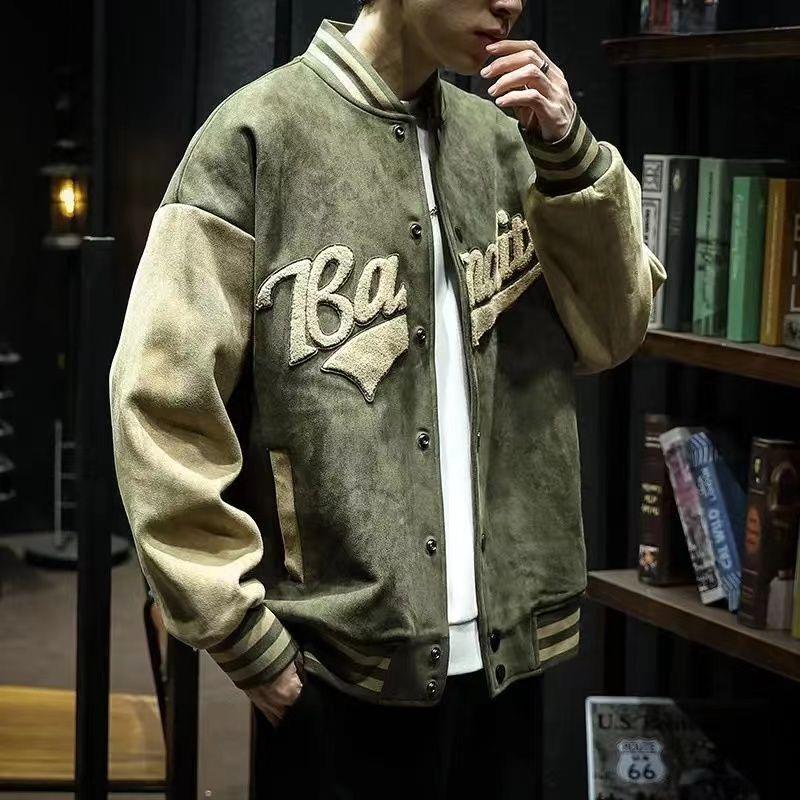 Dünne Wildleder-Baseballjacke für Herren, breite Bomber-Sportjacke für Frühling und Herbst