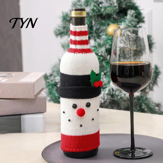 Christmas Dinner Party Favors Wine Bottle Cover, Holiday Knitted Champagne Bag, Snowman Santa Sweater Claus Elk for New Year Decoration Festive Table