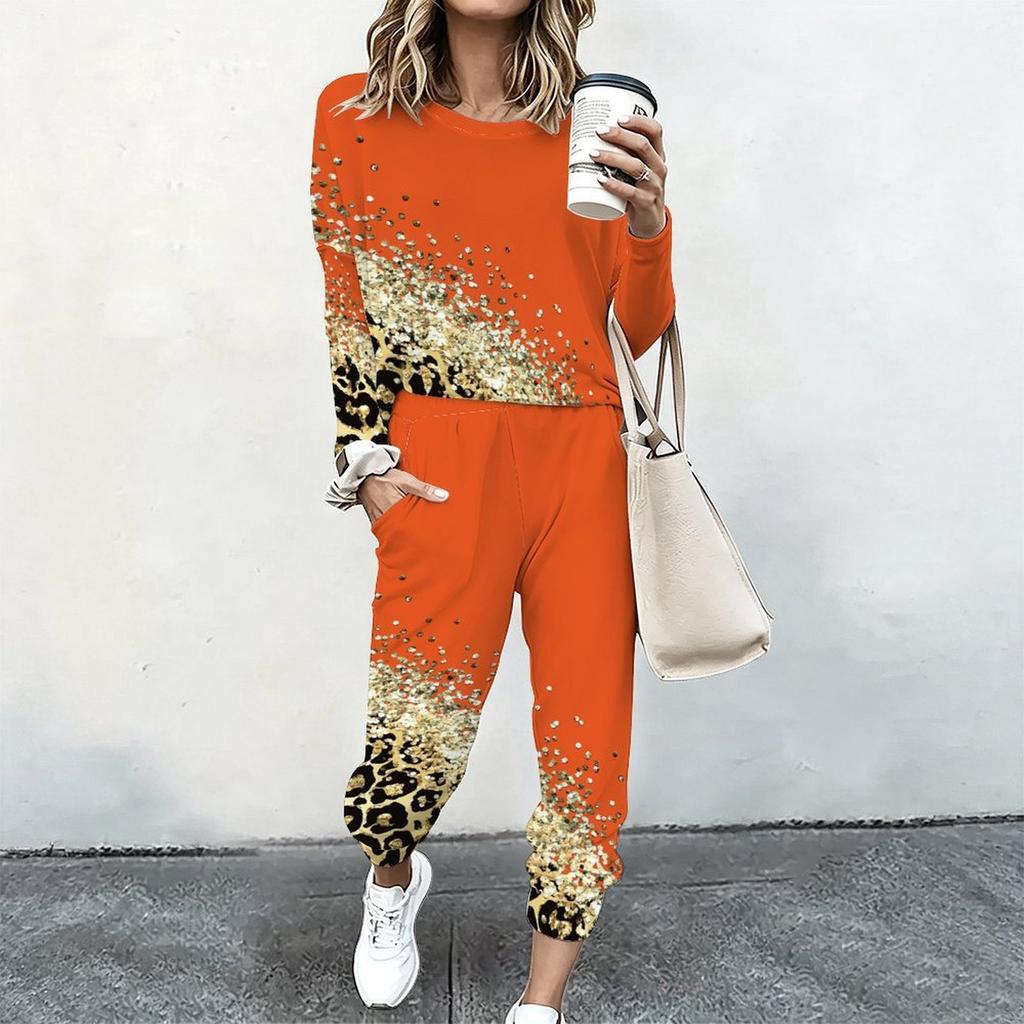 Ladies Round Neck Loose Sweatshirt And Elastic Waist Straight Trousers Two Piece Casual Home Outfit