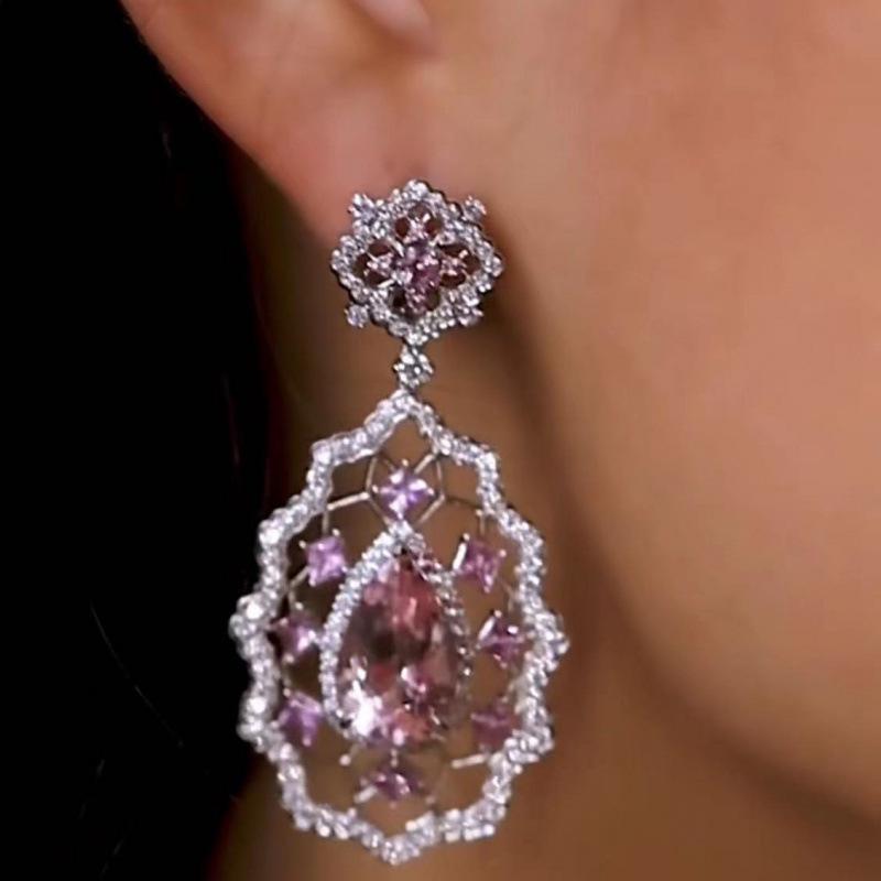 Elegant European Pink Cubic Zirconia Earrings: Luxury Gemstone Ear Studs with Full Diamond Inlay for Women