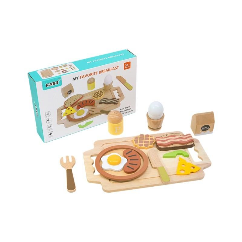Simulation Fun Wooden Fried Egg Bacon Breakfast Combination Children Toy Set