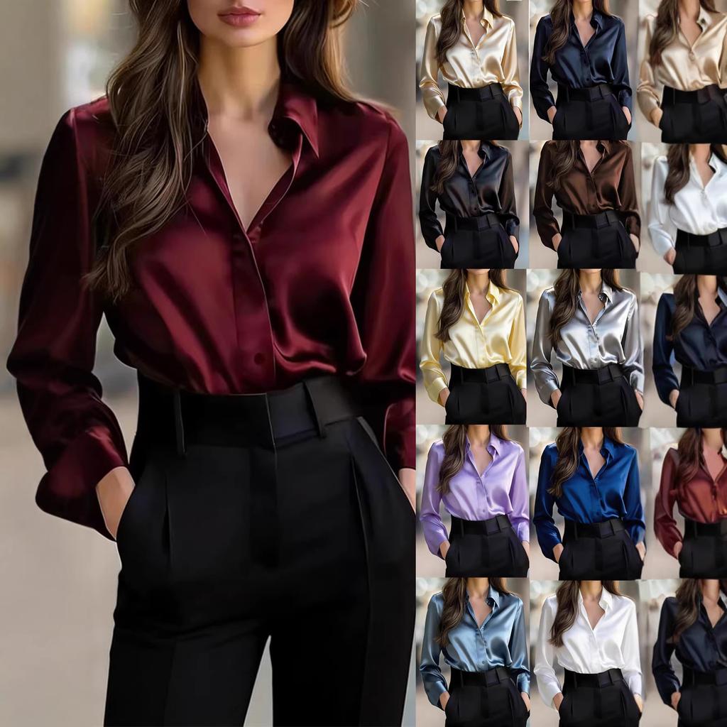 European and American temperament commuter long-sleeved shirt women's autumn POLO collar polyester cardigan