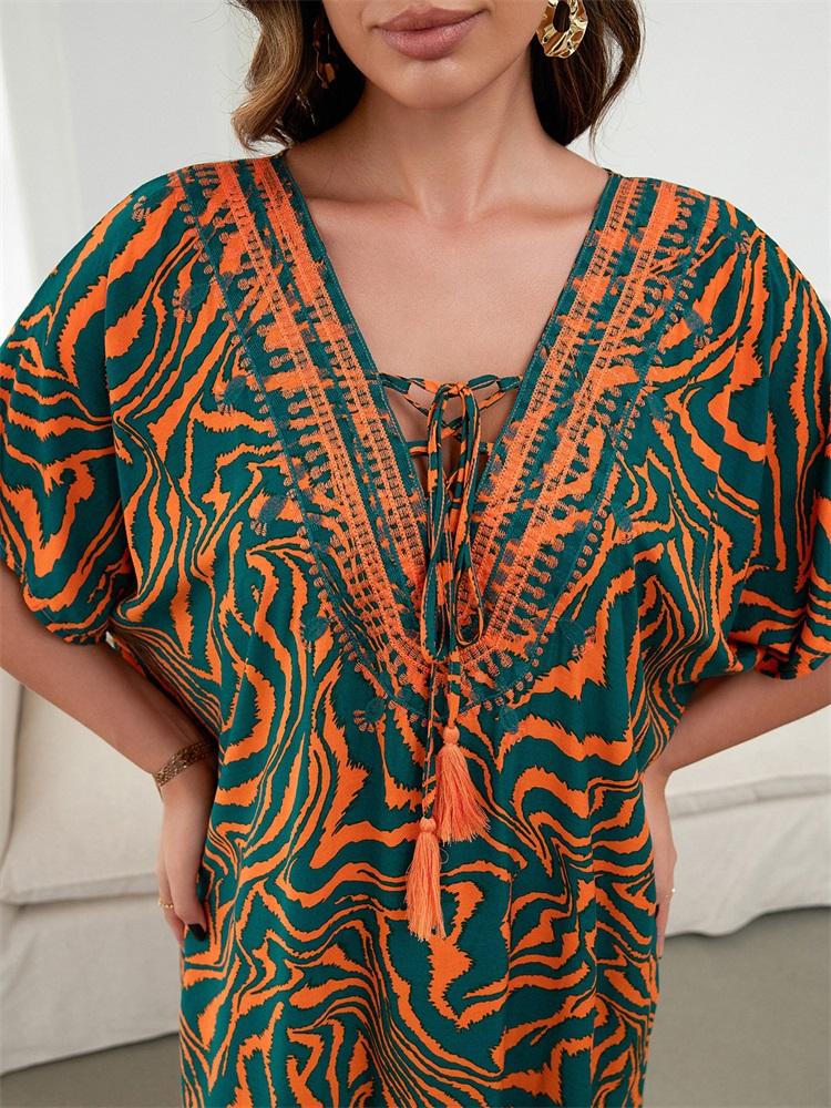 Orange Zebra-Print Locker Kaftan Sexy Strand-Coverups Für Frauen Sommer V-Ausschnitt Quasten Bindeband Seitenschlitz Robe Gemütliches Lässiges Hauskleid