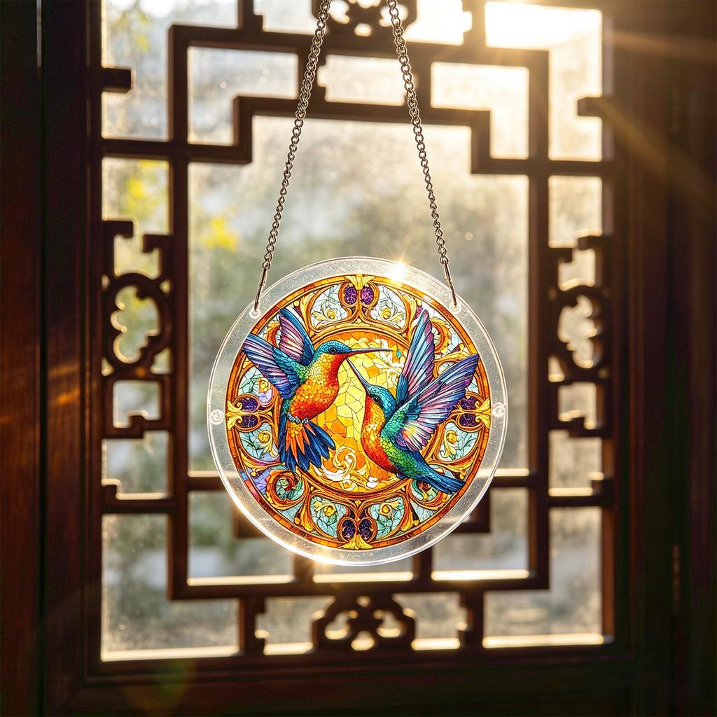 Round Stained Glass Panel with Hummingbird Motif Hanging Suncatcher Window Decoration for Home Office Garden Display