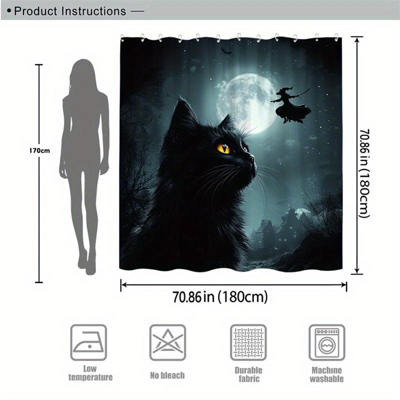 1 Black Cat And Full Moon Shower Curtain - Realistic Yellow-Eyed Cat And Witch Silhouette, Polyester Fabric, Machine Washable