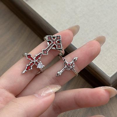 Gothic Spice Girl Red Enamel Zircon Cross Tide Opening Ring Sweet Cool Dark Premium Ring