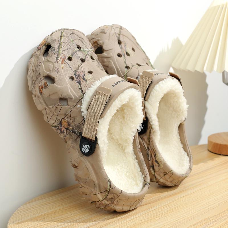 Men's Fleece-Lined Cotton Beach Slippers, Winter Plus Size, Two-Wear Design for Warmth and Comfort