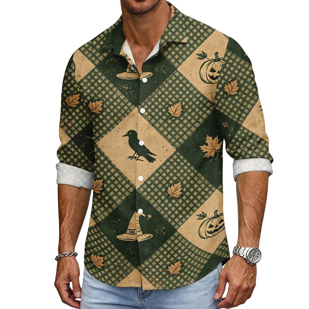 Men's Loose Fit Long Sleeve Shirt with Spread Collar Halloween Themed Casual Vintage Style Breathable Fabric Suitable for Outdoor Workwear