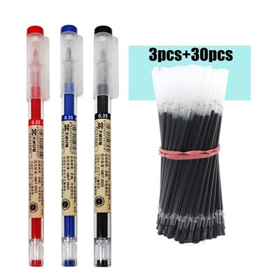 3+30Pcs/Lote 0,35mm Gel Pen Set Preto/azul/Vermelho Tinta Escrita Caneta Recargas Desenho Esboço Papelaria Material de Escritório e Escola