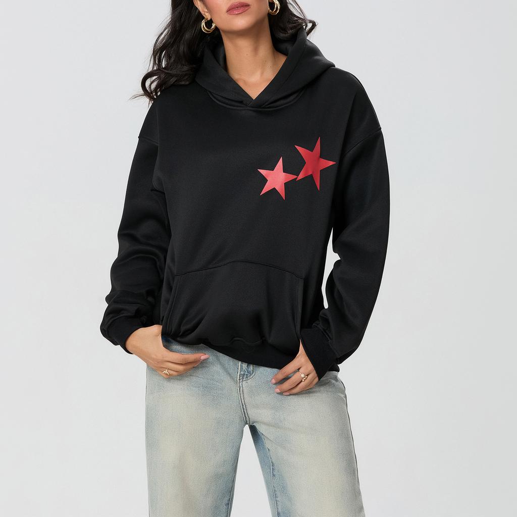 Women's Fall Fashion Hoodies Star Print Long Sleeve Hood Loose Fit Fleece Sweatshirt