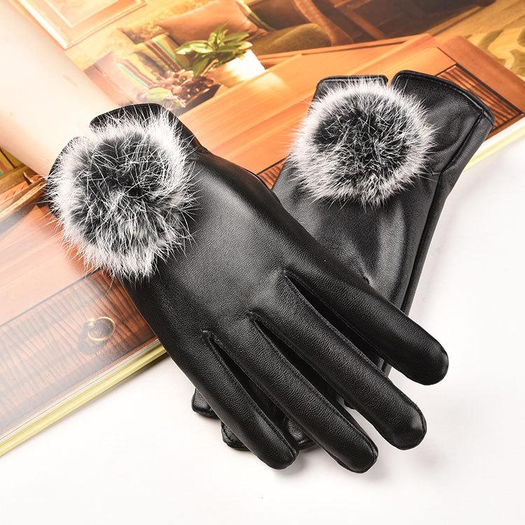 Warm Leather Gloves for Women Rabbit Fur Ball Gloves PU Leather Touch Screen Cute Plus Velvet Riding Cold Proof Autumn and Winter Gloves