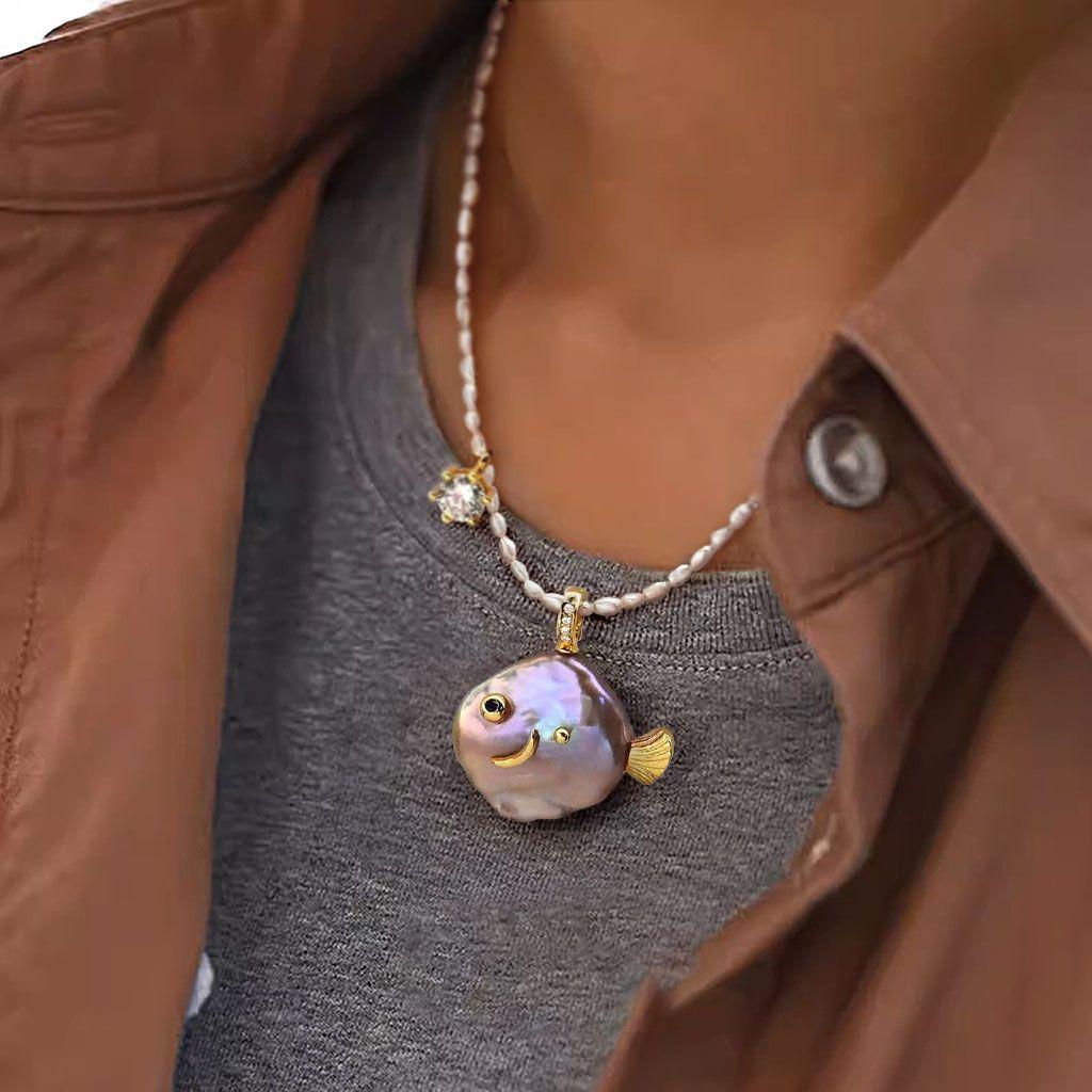 Ocean Natural Pearl Series Pendant Cute Pearl Fish Zircon Pendant Necklace