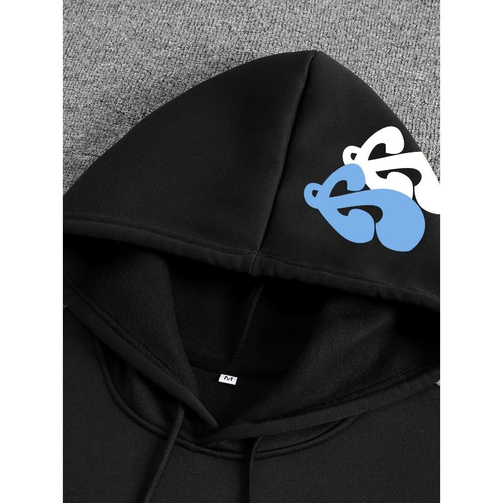 Casual Men's Suit with Letter Pattern Printed Drawstring Pocket Hoodie and Drawstring Outdoor Casual Sports Pants Set
