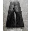 VIONA Streetwear Goth Punk Jeans Cargo Multi-tasche Uomo Neri Usurati a Zampa Denim con Cinghie Zip Borchie Bordi Sfilacciati