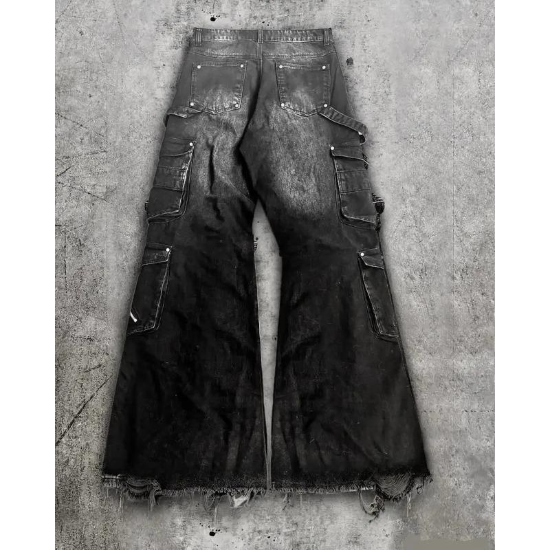 VIONA Streetwear Goth Punk Jeans Cargo Multi-tasche Uomo Neri Usurati a Zampa Denim con Cinghie Zip Borchie Bordi Sfilacciati