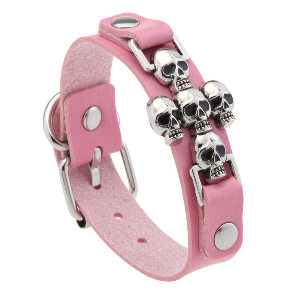 Multi Skull Cross PU Leather Bracelet, Adjustable Metal Pin Buckle Gothic Punk Unisex Wrist Cuff Wristband