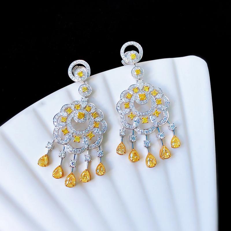New Retro Light Luxury Asscher Yellow Bohemian Earrings Tassel Earrings