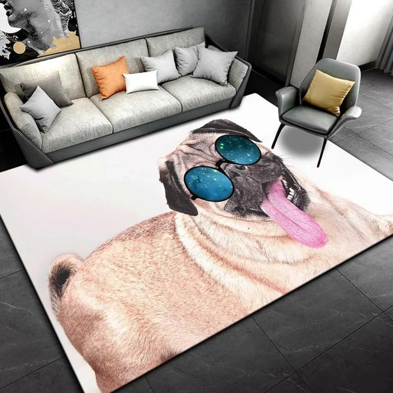 Lovely Pug Dog Cartoon Area Rug Cute Animal Carpet for Kids Bedroom Playroom Non-Slip Floor Mat Home Decor Gift