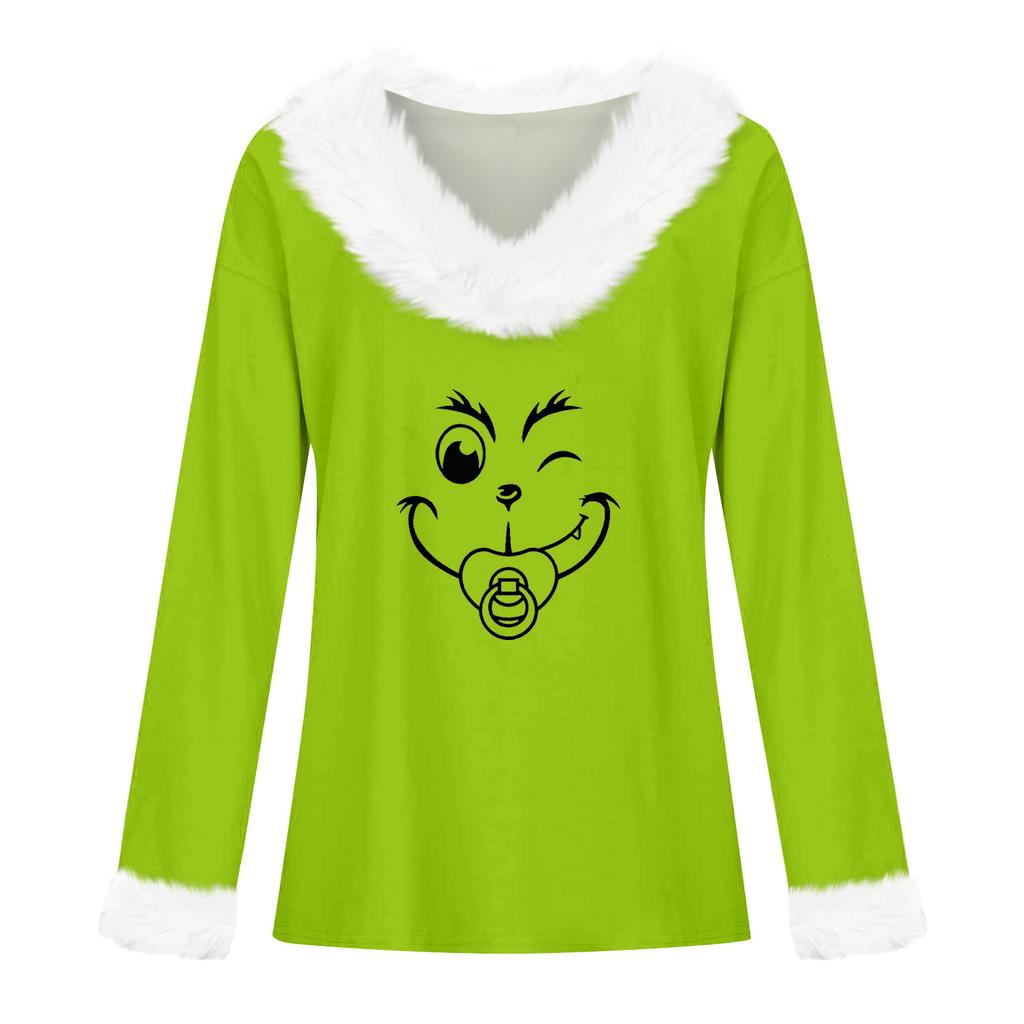 Women's T Shirt Tee Christmas Shirt Long Sleeve Party Christmas Print Fleece Collar V Neck Top