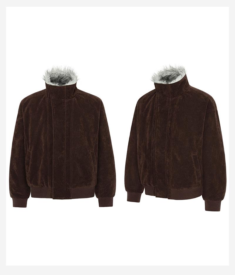 Unisex Winter Hunting Jacket: Wolf & Eagle Design, Thick Velvet & Cotton, Asymmetrical Lapel, Suede Accent, Stand Collar.