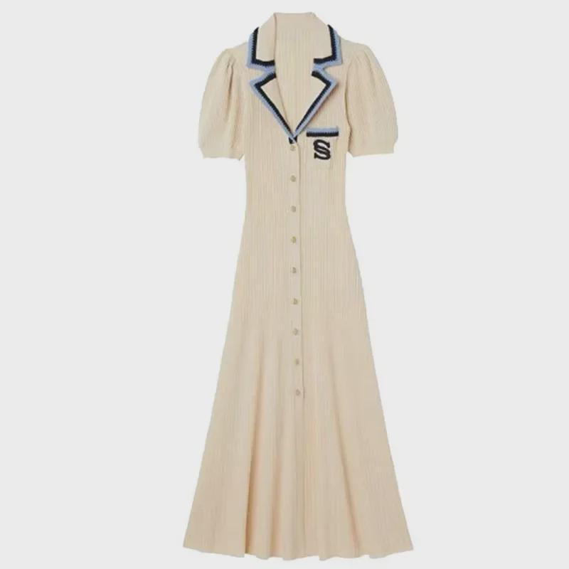 Jesienno-zimowa sukienka z dzianiny z klapami - Haftowana długa spódnica z elegancją i stylem