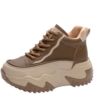 New Genuine Leather 7.5CM Women High Top Sneakers Autumn Winter Wedgies Casual Platform Vulcanized Shoe Lace Up Thick Soled Shoe