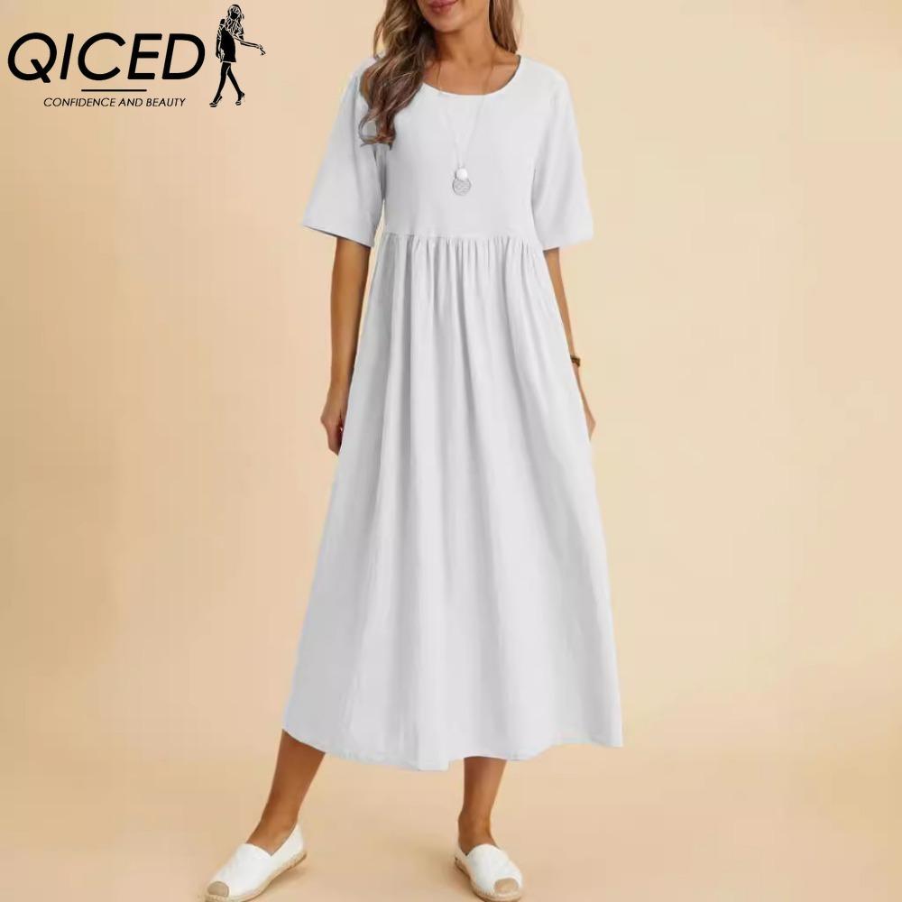 QICED Women Fashion Solid Color Dress Large Loose Cotton Linen Round Neck Midi Dress Five Piece Sleeves