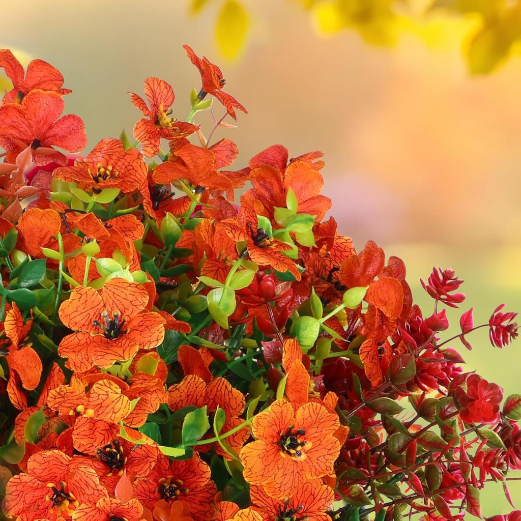 CEWOR 24 Bundles Orange Artificial Mums Flowers Fake Fall Plants for Outdoor Indoor, Fake Silk Daisy with Eucalyptus Leaves for Autumn Garden Front