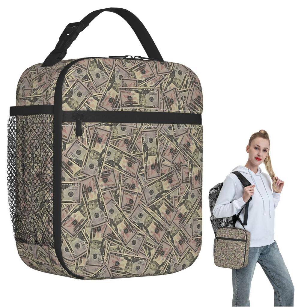 Dollar Bills Pattern Insulated Lunch Bag for Women Kids Portable Food Boxes Thermal Lunch Box Tote