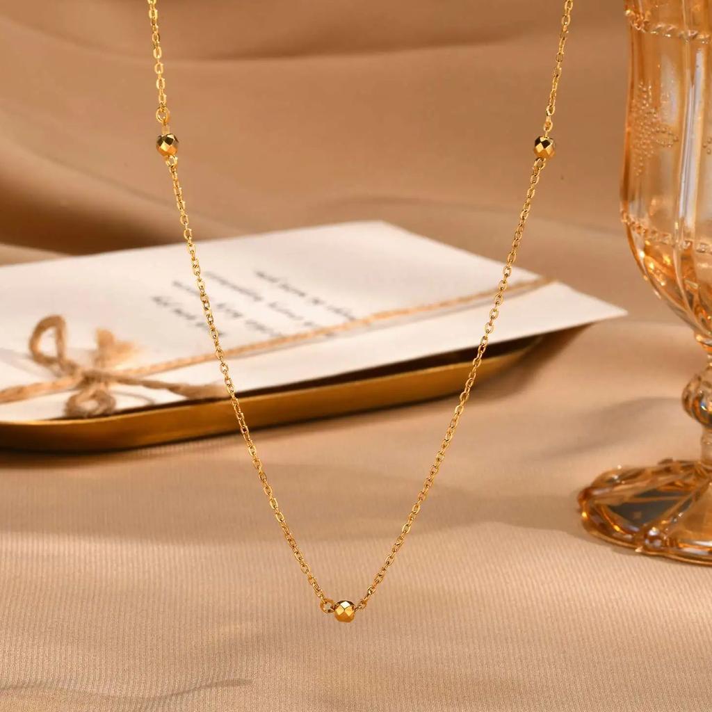 Minimalist Round Bead Necklace 18K Gold Plated for Women Gold Color Stainless Steel Flat Rolo Chain Jewelry Gifts