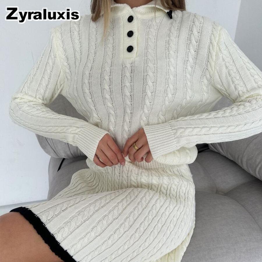 New Style Casual Dress Set Long Sleeve Knit Buttoned Sweater Short Skirt Two Piece Outfit for Women