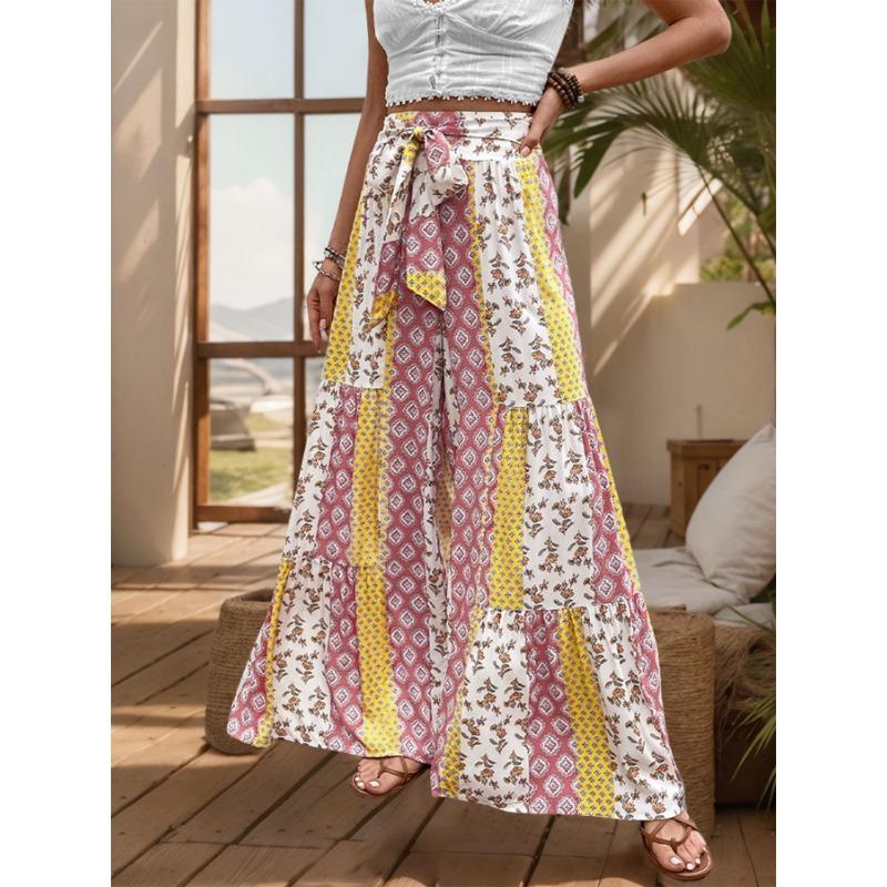 Casual Vacation Style Lace-up Geometric Floral Print Wide-leg Pants for Women