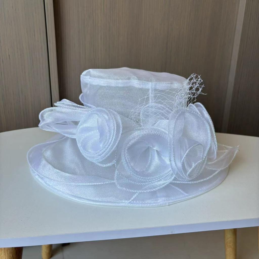 Summer Sun Protection Bucket Hat Organza Flower Sun Hat Foldable Big Brim Beach Hat Mesh Hat