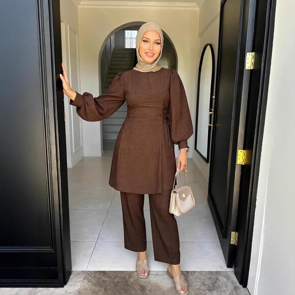 Women's Solid Color Two-Piece Set: Fashionable Top & Pants for Middle Eastern Style