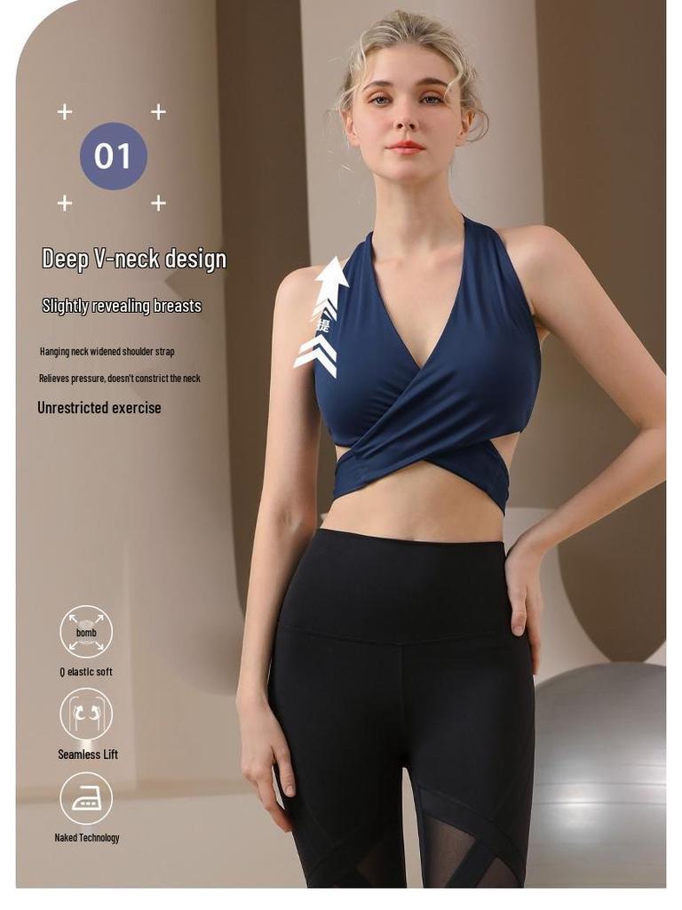 V-Neck Cross-Border Bandage Sports Bra – Shockproof, Gathered Back for Yoga & Running