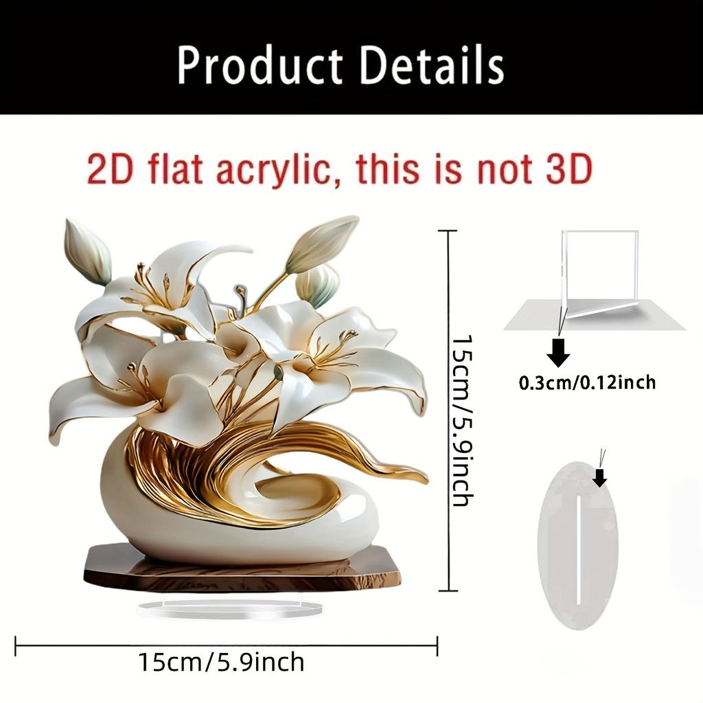 1 Elegant Lily and Vase Acrylic Figurine -2D Desktop Decoration with Gold and White Flowers, Suitable for Home Decor Ornaments