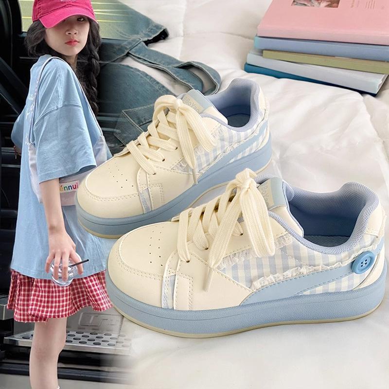 Spring and Autumn New Casual Minority Bread Shoes Children Sakura Pink Shoes with Thick Bottom and Lace Edge White Kids Shoes
