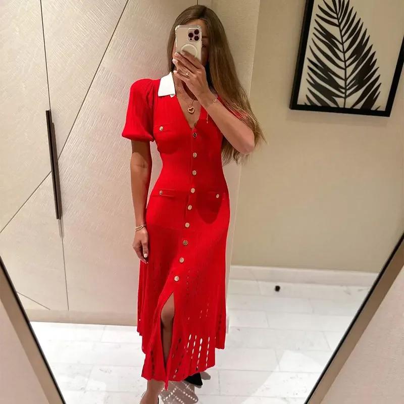 Women Fashion Contrast Single Breasted Knitted Dress Lapel Short Bubble Sleeve Hollow Out Slimming Long Dresses