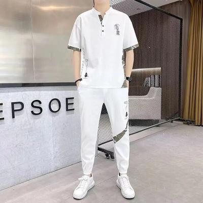 Herren Casual Elastische Taille Hemden Sommer Kurzarm Herren Hemd Druck Muster Männer Zwei-stück Anzug