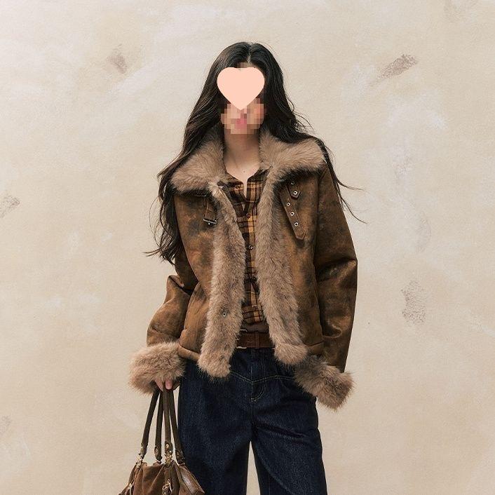 Женская осенне-зимняя пэчворк меховая мотоциклетная куртка Small коричневый
