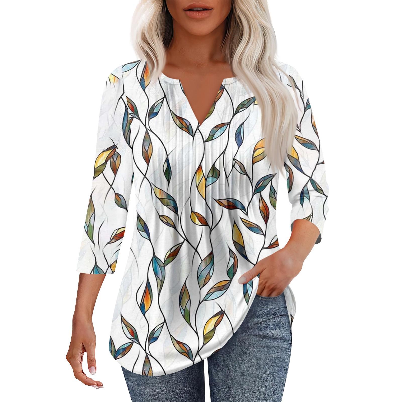 

Женская модная повседневная плиссированная футболка с V-образным вырезом и рукавом семь четвертей XL белый