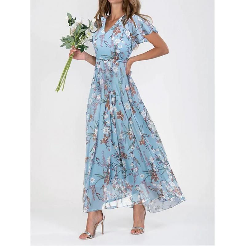 New beach pendulum long dress chiffon floral short-sleeved ruffle V-neck fashionable waist dress