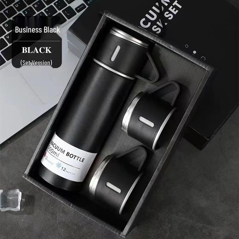 Portable Stainless Steel Thermos Cup Set with Three Lids, Laser-Engraved Logo, Ideal for Business Events