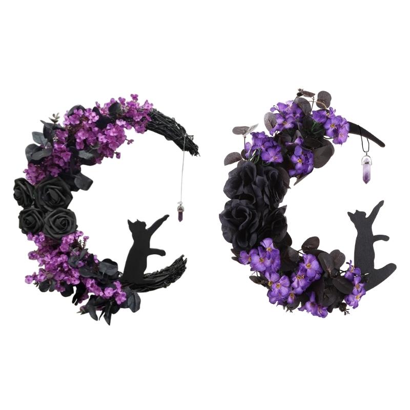 Halloween Wreath for Front Door Moon for Cat Rose Flower Garland Hanging Ornament Farmhouse Home Indoor Outdoor Decorations