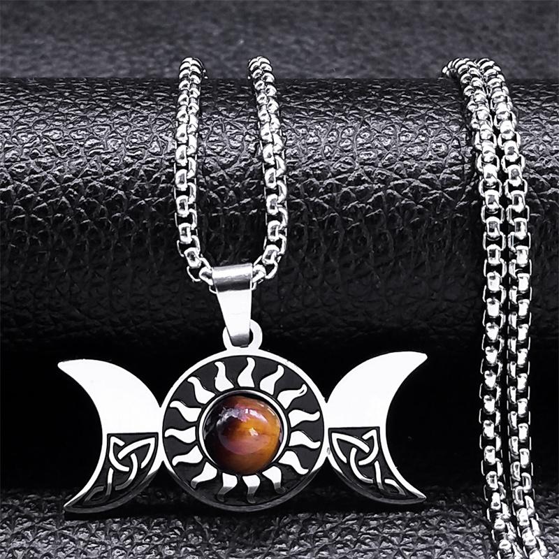 Viking Trinity Knot Necklace for Women Men Stainless Steel Tiger Eye Stone Irish Celtic Lucky Amulet Necklaces Jewelry N3806S02