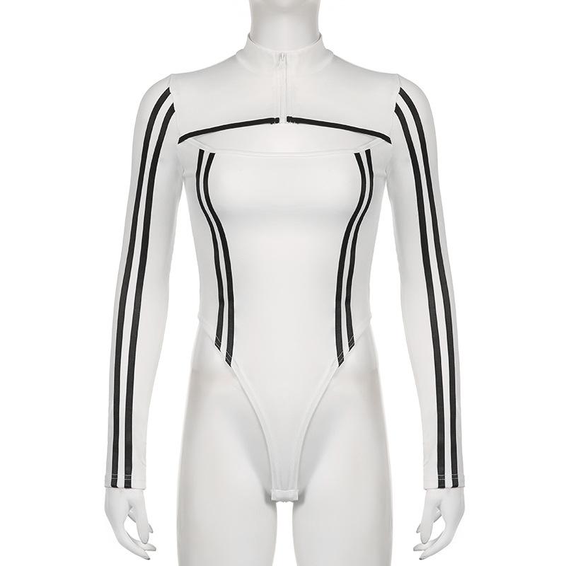 Tuta europea e americana in stile motociclistico a righe a contrasto con collo alto con zip, top casual versatile slim fit da ragazza piccante