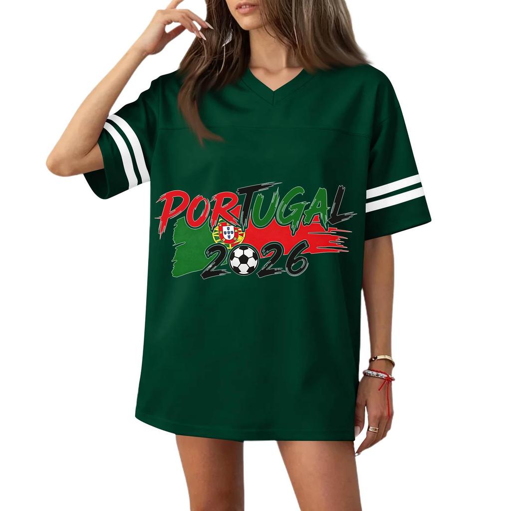 Damen Freizeit V-Ausschnitt Fußballtrikot-Stil Kurzarm T-Shirt mit Flaggen- und Fußball-Print für Sport und Freizeit